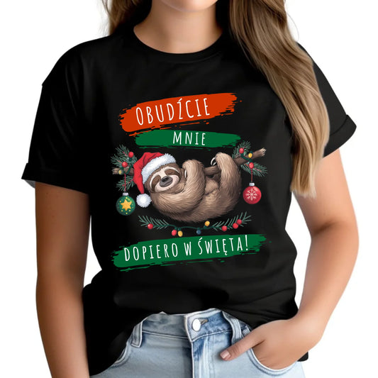 Koszulka damska świąteczna - Leniwiec - Obudźcie mnie dopiero w święta BN02 - StoryCups.pl