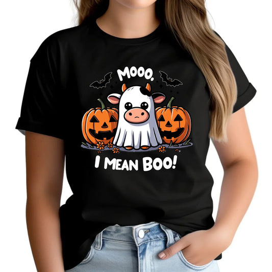 Koszulka damska na Halloween - Mooo I mean Boo! - z dynią i duchem HL14 - StoryCups.pl