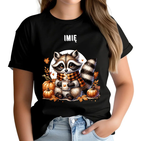 Koszulka damska jesienna – Szop z kawą i dyniami - personalizowana JS16 - StoryCups.pl