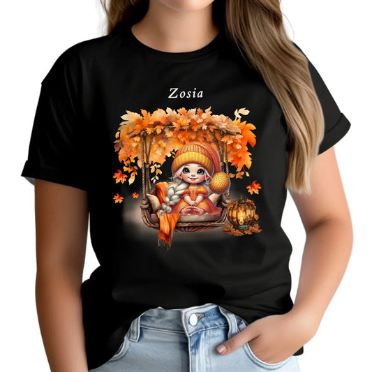 Koszulka damska jesieniara - Dziewczynka z liśćmi - personalizowana JS17 - StoryCups.pl