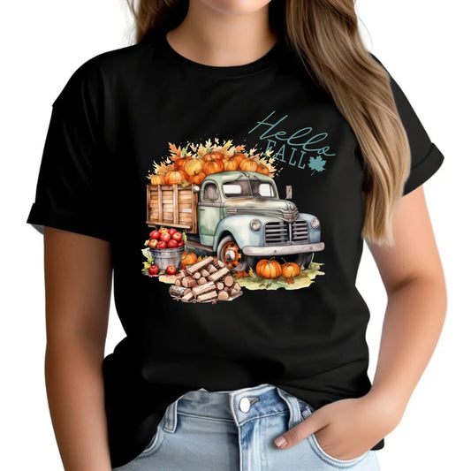 Koszulka damska jesieniara – Hello Fall ciężarówka z dyniami JS08 - StoryCups.pl