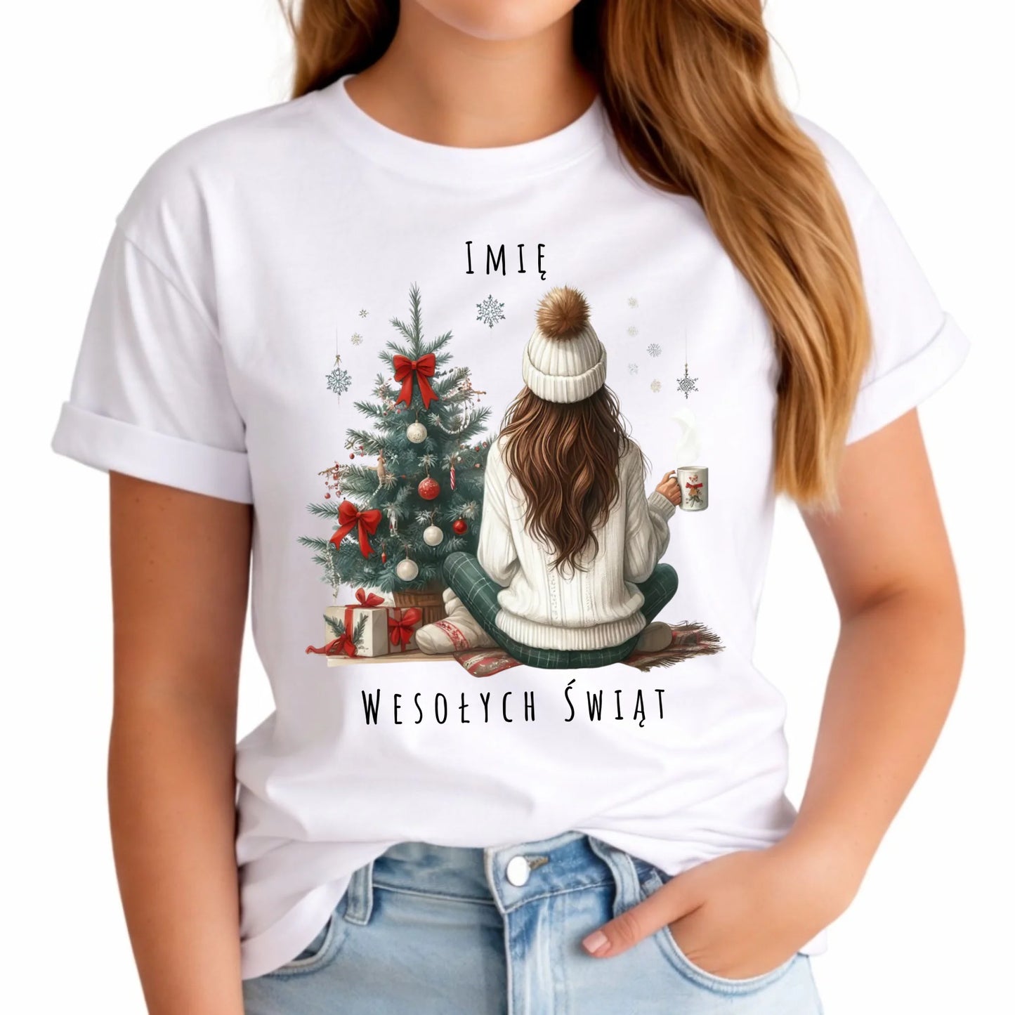 Koszulka damska świąteczna - Dziewczyna przy choince - personalizowana BN15 - StoryCups.pl