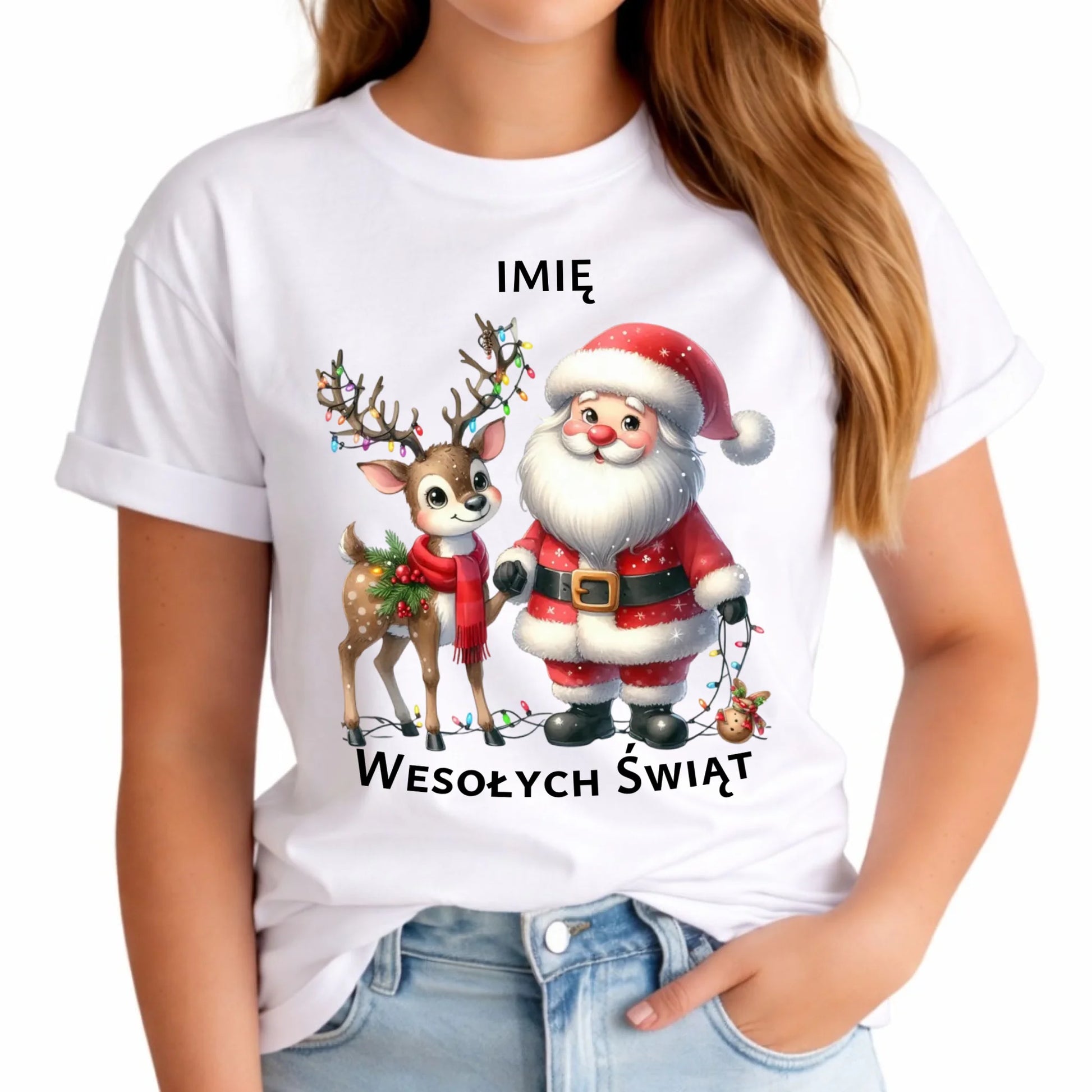 Koszulka damska świąteczna - Mikołaj z reniferem - personalizowana BN09 - StoryCups.pl