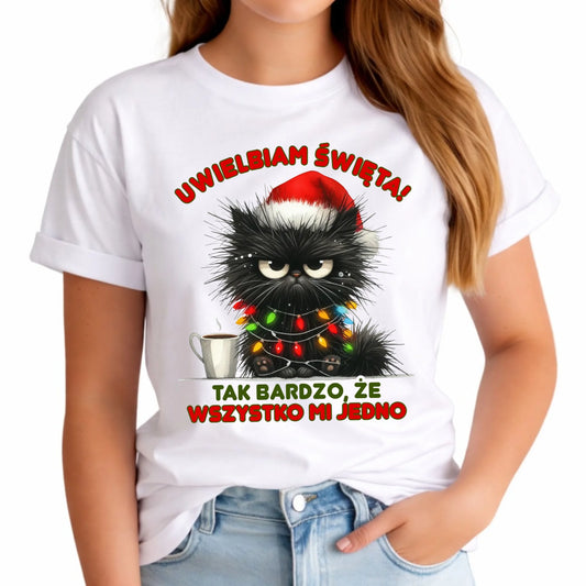 Koszulka damska świąteczna - Kot Maruda Wszystko mi jedno BN35 - StoryCups.pl