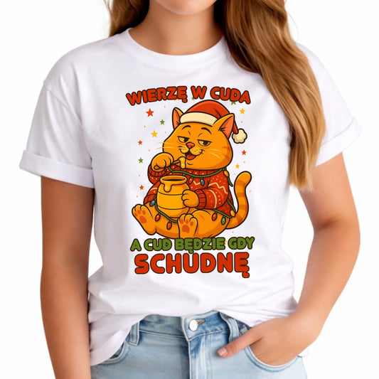 Koszulka damska świąteczna - Wierzę w cuda, a cud będzie gdy schudnę BN88 - StoryCups.pl