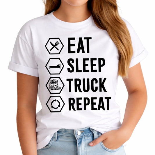 Koszulka damska dla kierowcy ciężarówki - Eat Sleep Truck Repeat ZKT05 - StoryCups.pl