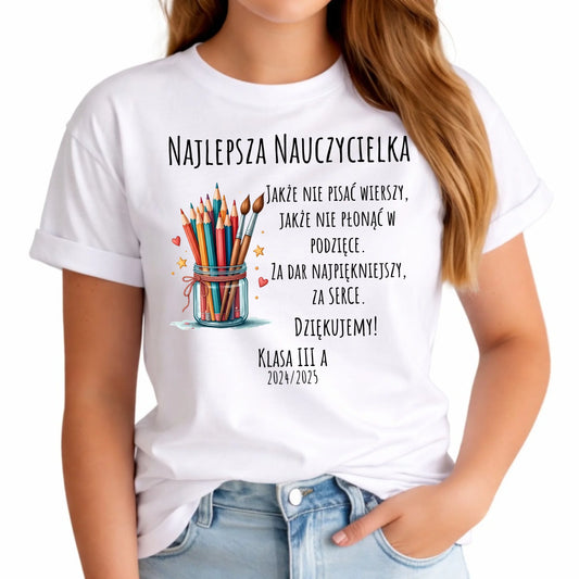 Koszulka damska dla nauczycielki - Najlepsza nauczycielka - Podziękowanie od klasy - personalizowana N20 - StoryCups.pl