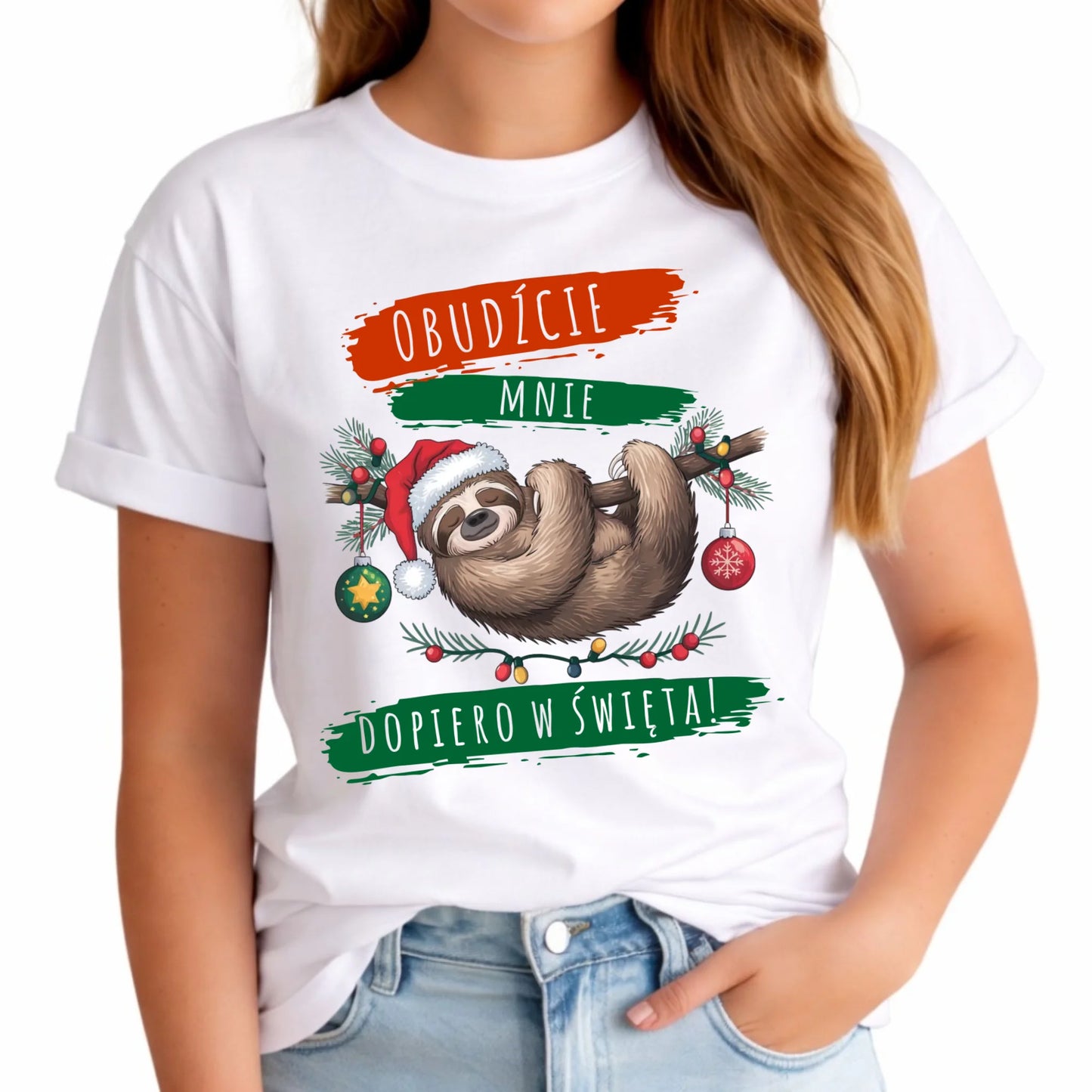 Koszulka damska świąteczna - Leniwiec - Obudźcie mnie dopiero w święta BN02 - StoryCups.pl