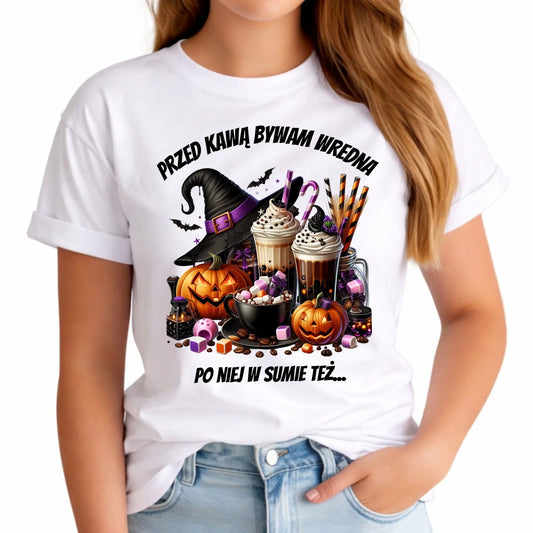 Koszulka damska Halloween – Przed kawą bywam wredna, po niej w sumie też HL30 - StoryCups.pl