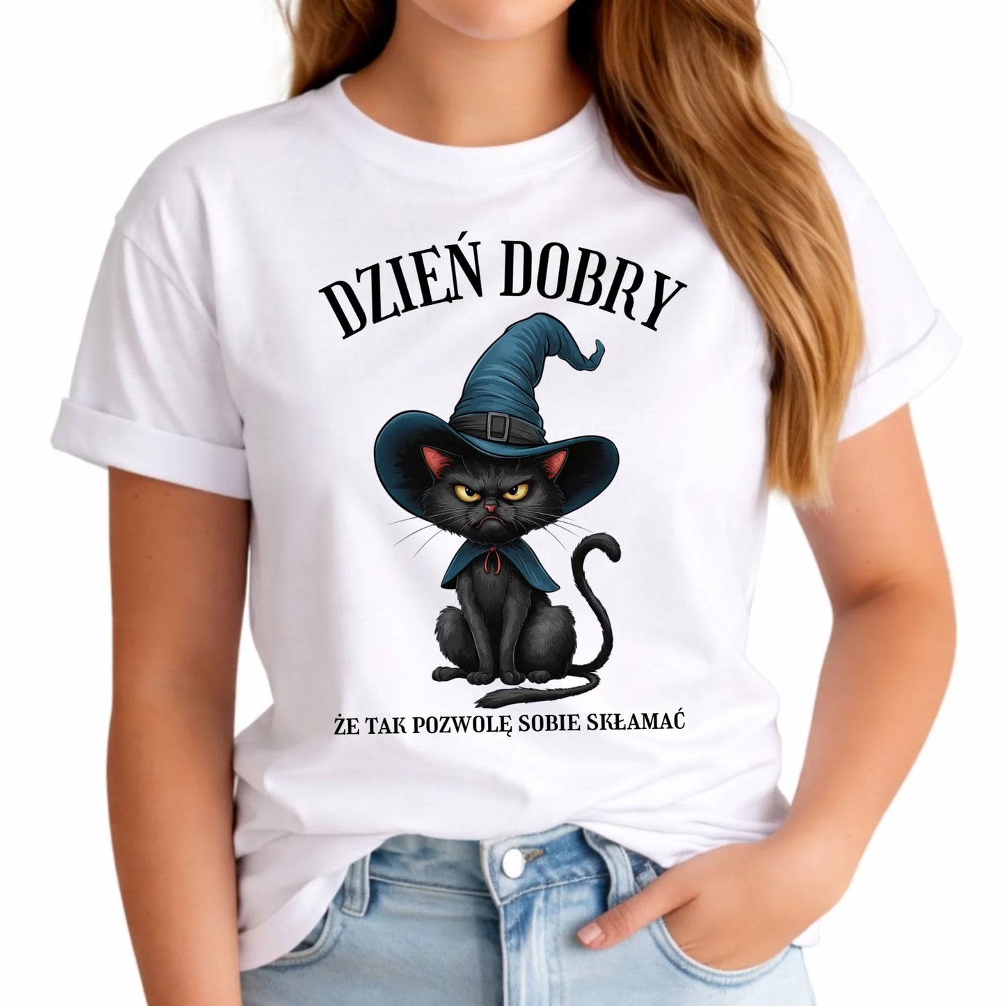 Koszulka damska na Halloween - Kot Czarownicy - Dzień dobry, że tak skłamię HL27 - StoryCups.pl
