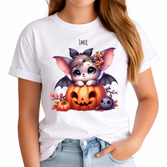 Koszulka damska halloweenowa - Uroczy nietoperz z dynią - personalizowana HL08 - StoryCups.pl