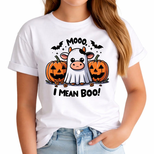 Koszulka damska na Halloween - Mooo I mean Boo! - z dynią i duchem HL14 - StoryCups.pl