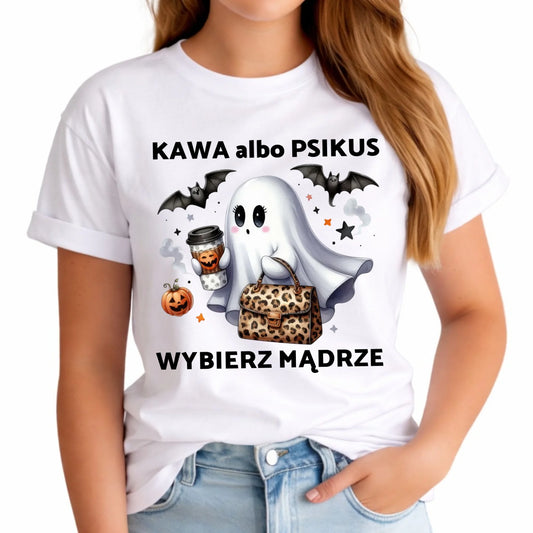 Koszulka damska halloweenowa - Duch - Kawa albo psikus HL07 - StoryCups.pl