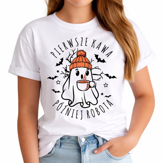 Koszulka damska halloweenowa - Duch z kawą - Pierwsze kawa później robota HL01 - StoryCups.pl