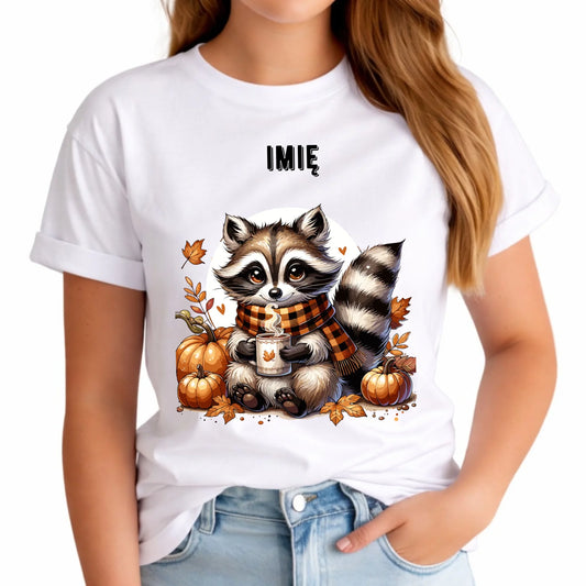 Koszulka damska jesienna – Szop z kawą i dyniami - personalizowana JS16 - StoryCups.pl