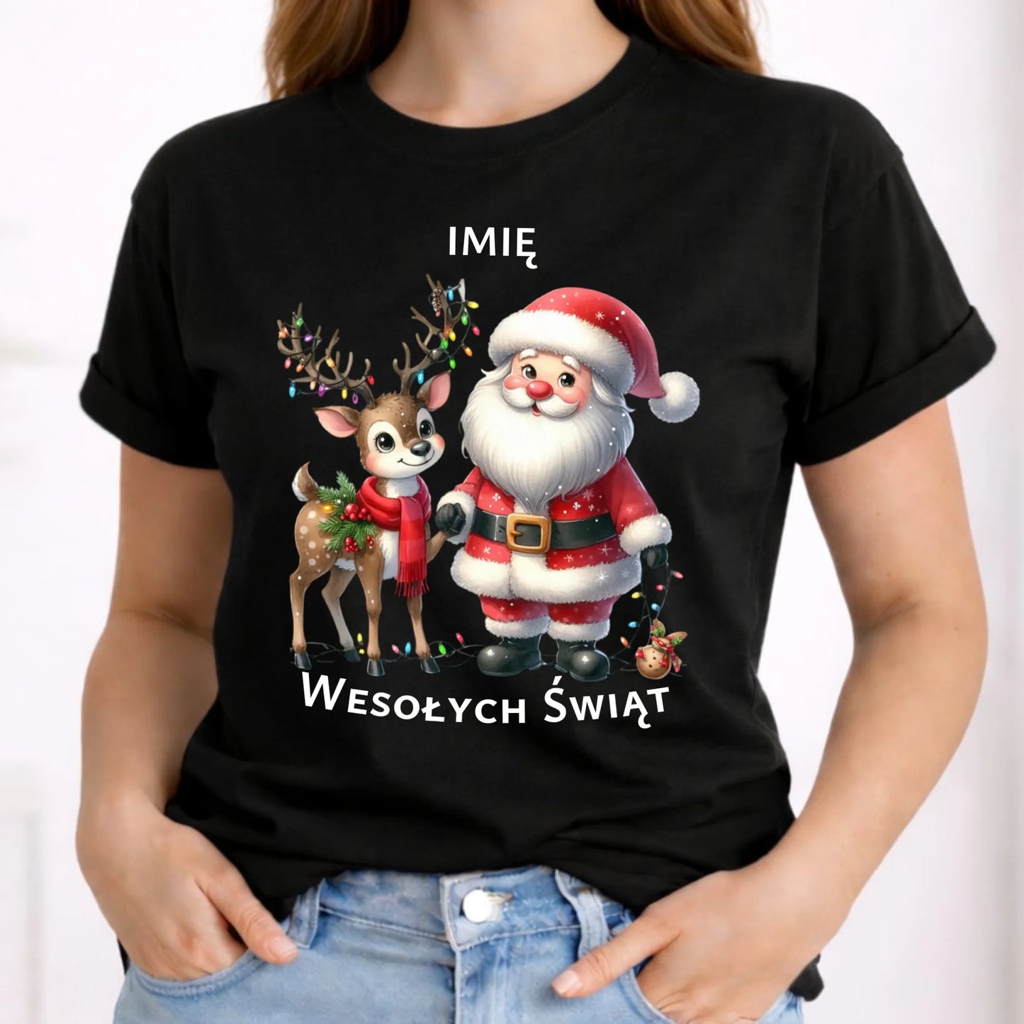 Koszulka damska świąteczna - Mikołaj z reniferem - personalizowana BN09 - StoryCups.pl