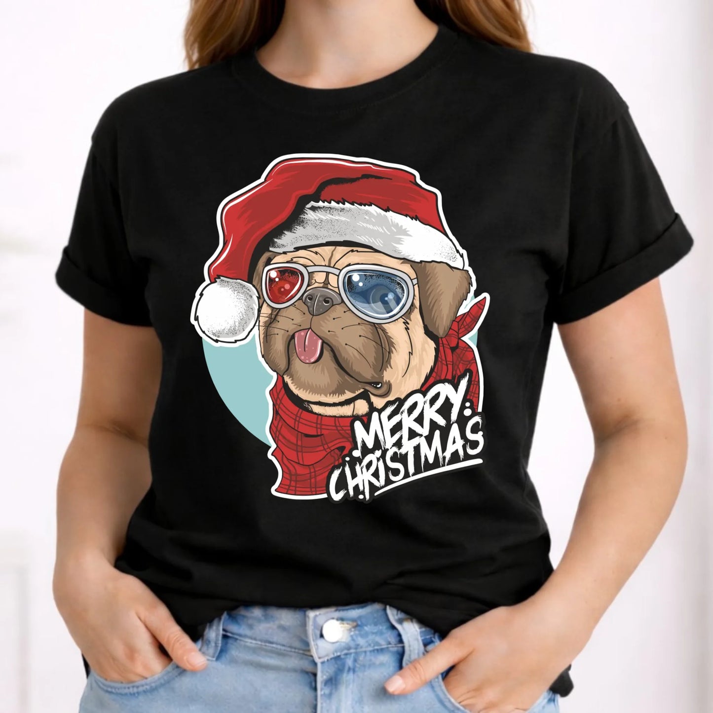 Koszulka damska świąteczna - Mops Merry Christmas BN62 - StoryCups.pl