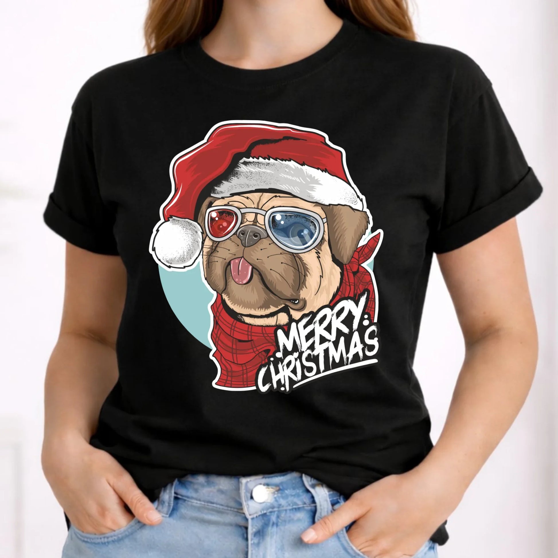 Koszulka damska świąteczna - Mops Merry Christmas BN62 - StoryCups.pl