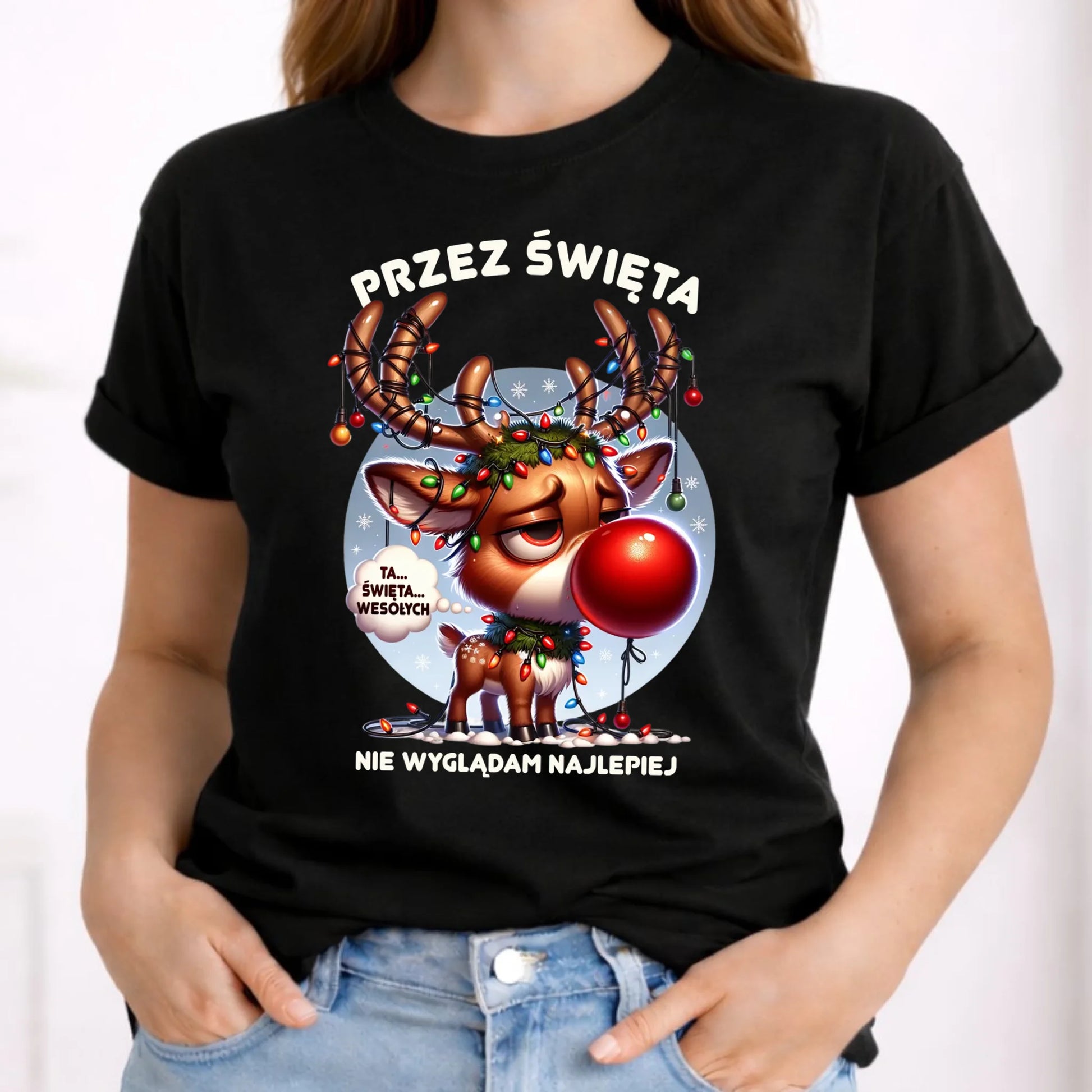 Koszulka damska świąteczna - Renifer Przez święta nie wyglądam najlepiej BN98 - StoryCups.pl
