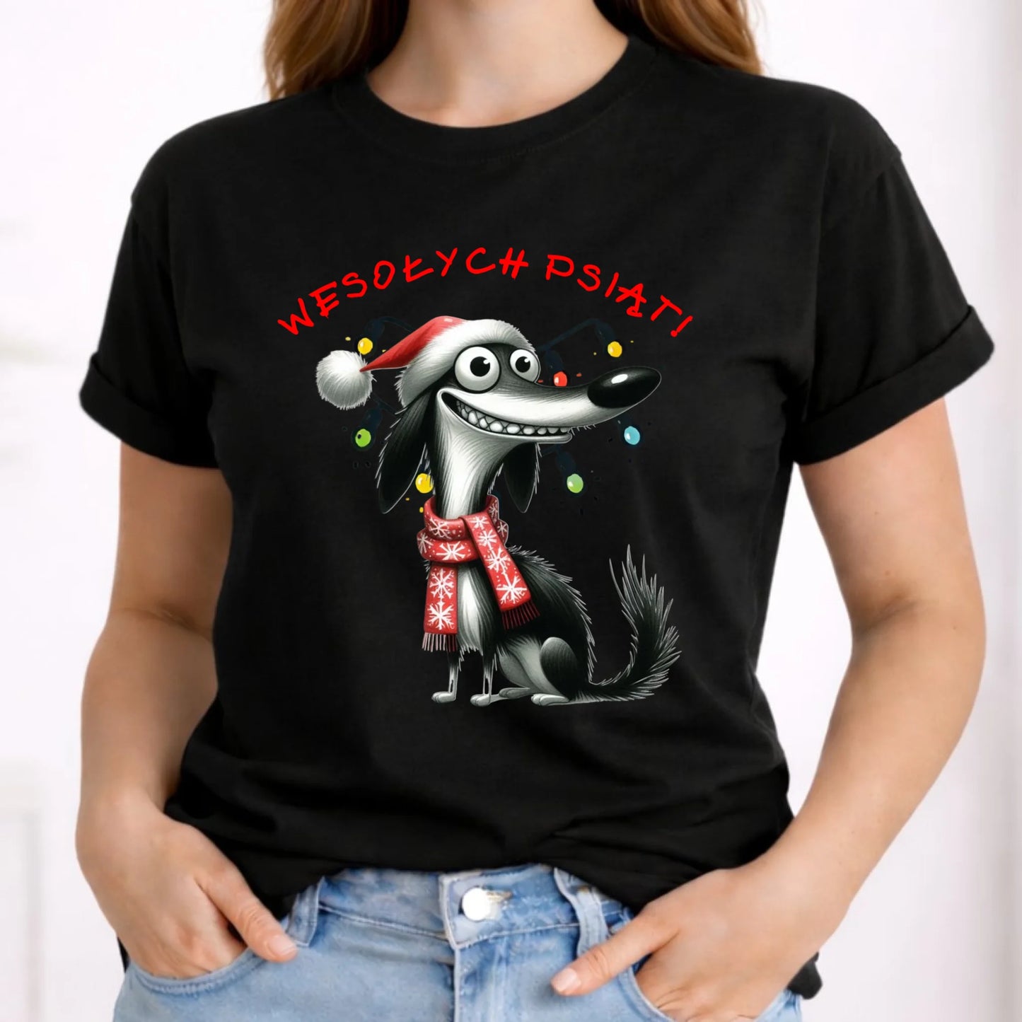 Koszulka damska świąteczna - Pies Wesołych psiąt BN140 - StoryCups.pl