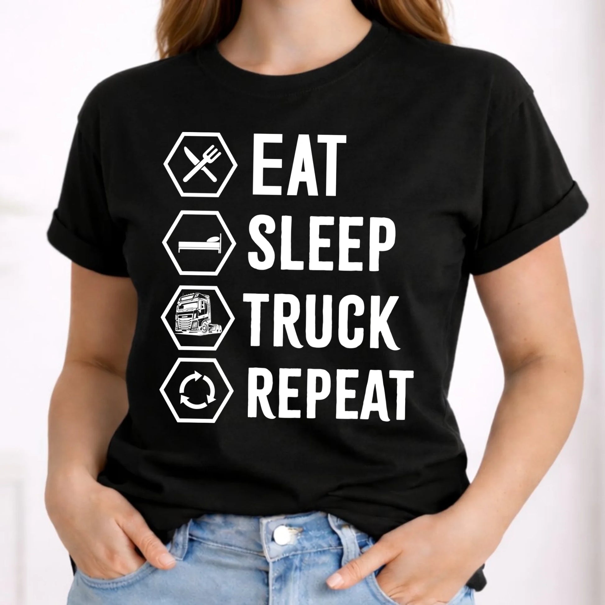 Koszulka damska dla kierowcy ciężarówki - Eat Sleep Truck Repeat ZKT05 - StoryCups.pl