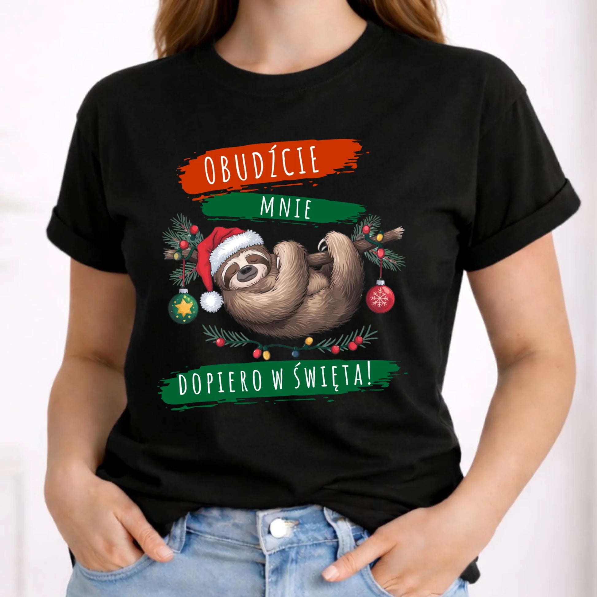Koszulka damska świąteczna - Leniwiec - Obudźcie mnie dopiero w święta BN02 - StoryCups.pl