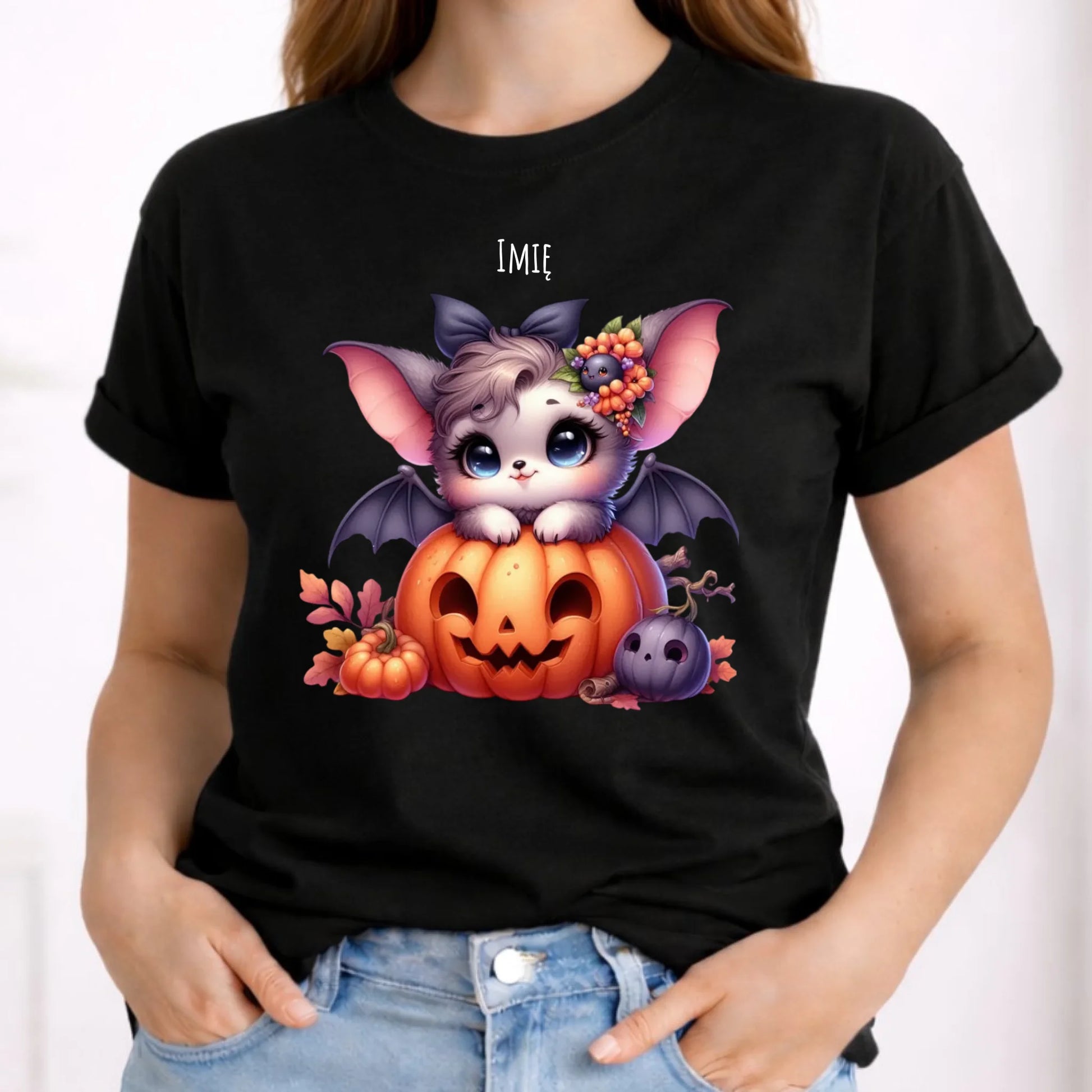 Koszulka damska halloweenowa - Uroczy nietoperz z dynią - personalizowana HL08 - StoryCups.pl