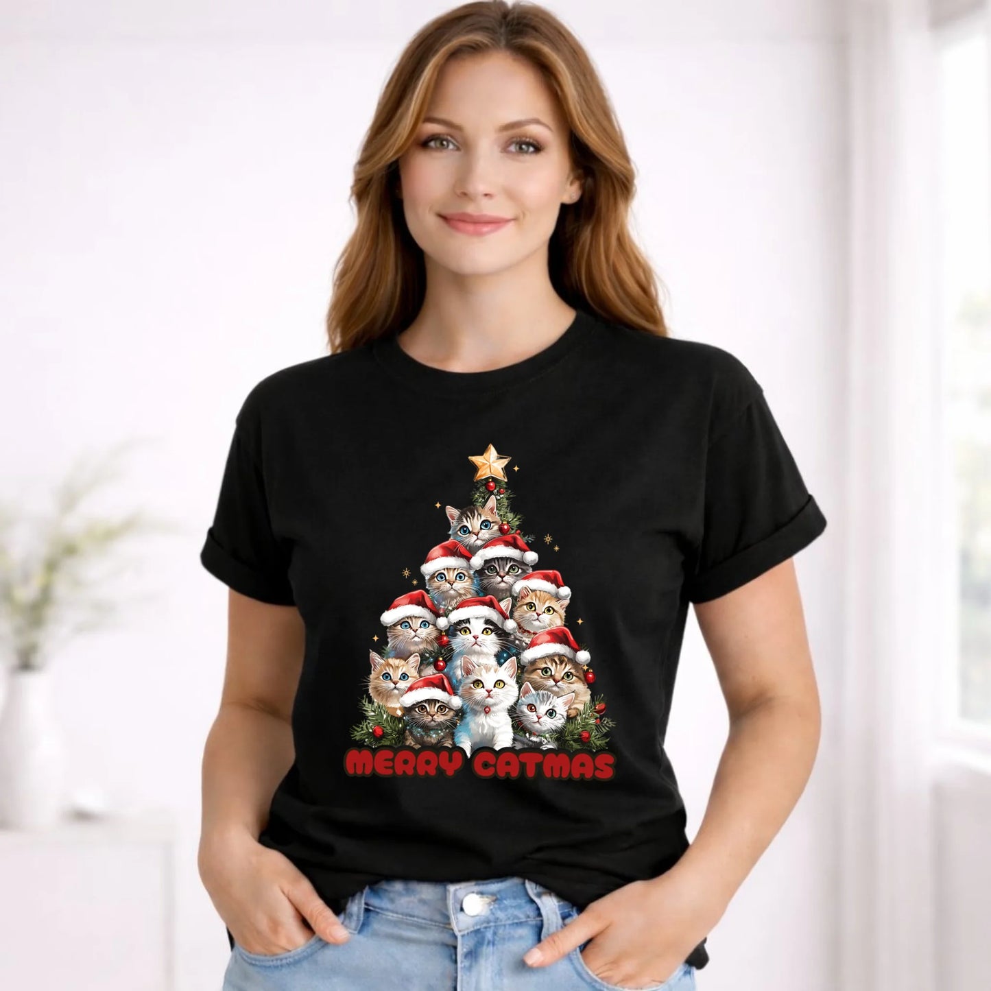 Koszulka damska świąteczna - Kocia choinka Merry Catmas BN20 - StoryCups.pl