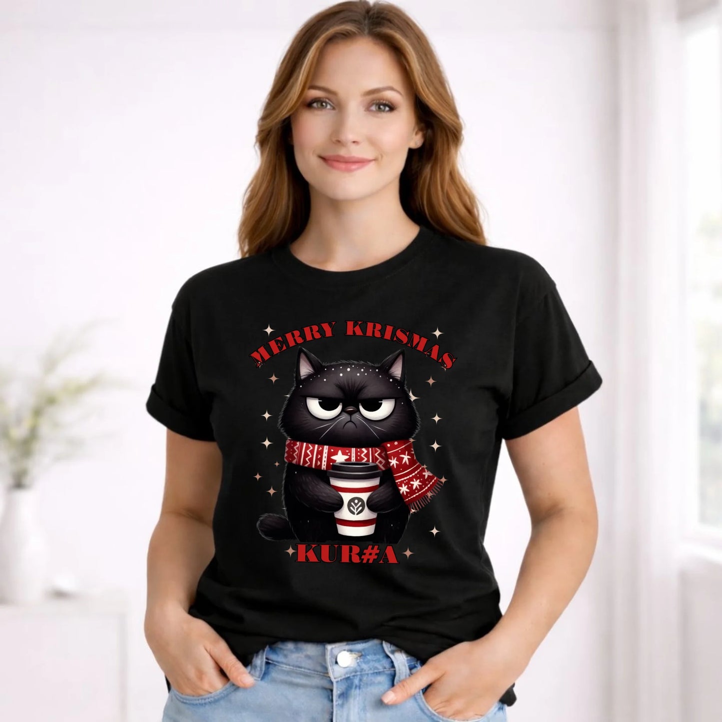Koszulka damska świąteczna - Zburczany kot Merry Krismas kur#a - bez cenzury BN34 - StoryCups.pl