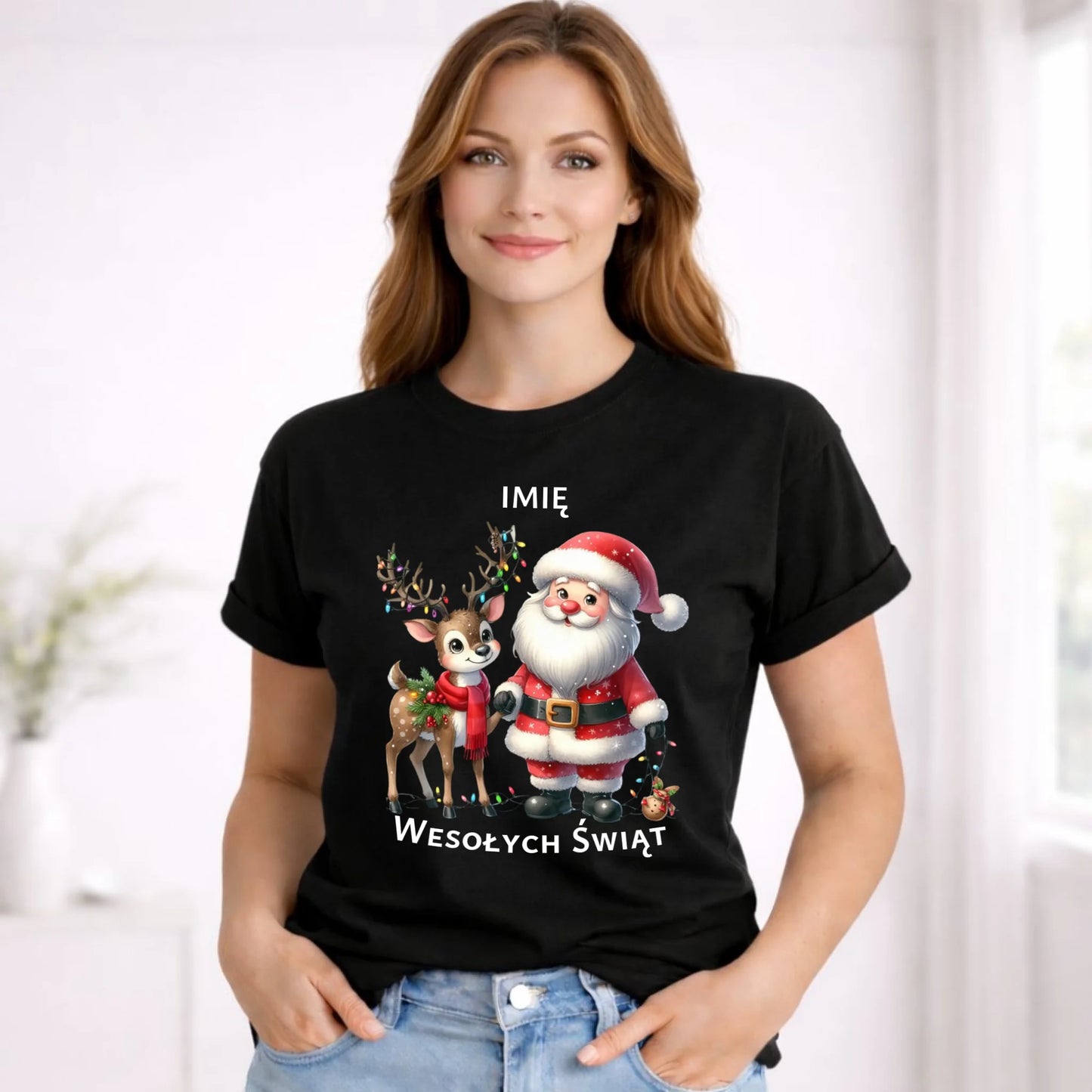 Koszulka damska świąteczna - Mikołaj z reniferem - personalizowana BN09 - StoryCups.pl