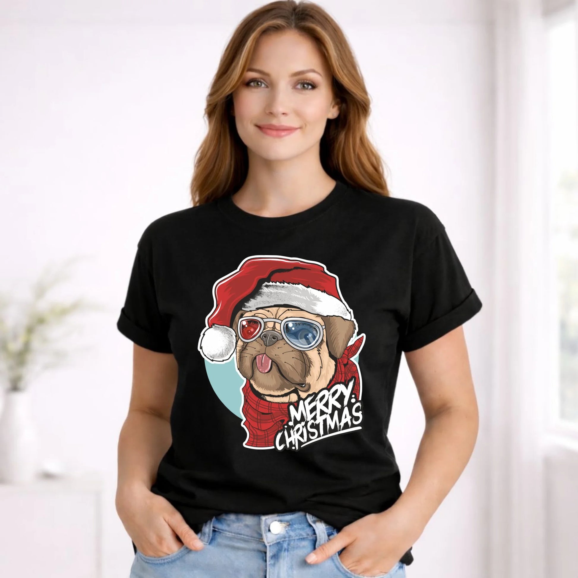 Koszulka damska świąteczna - Mops Merry Christmas BN62 - StoryCups.pl