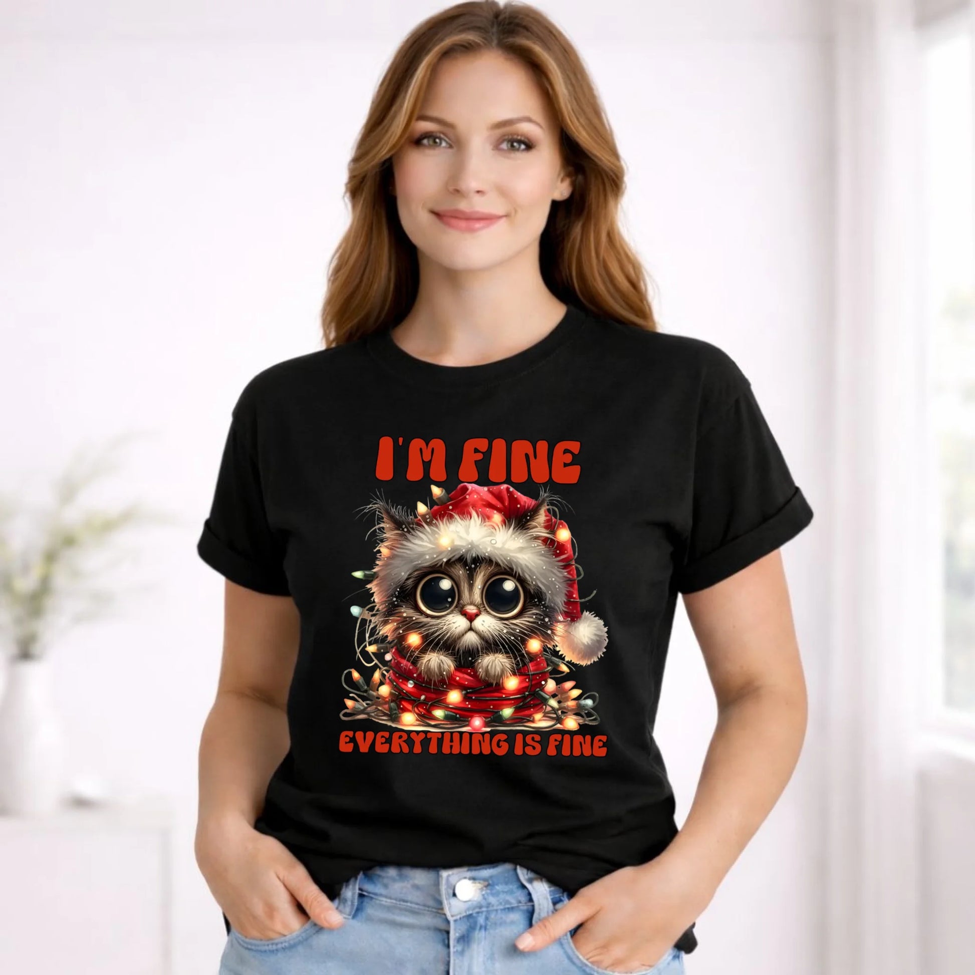 Koszulka damska świąteczna - Kotek I'm fine everything is fine BN67 - StoryCups.pl