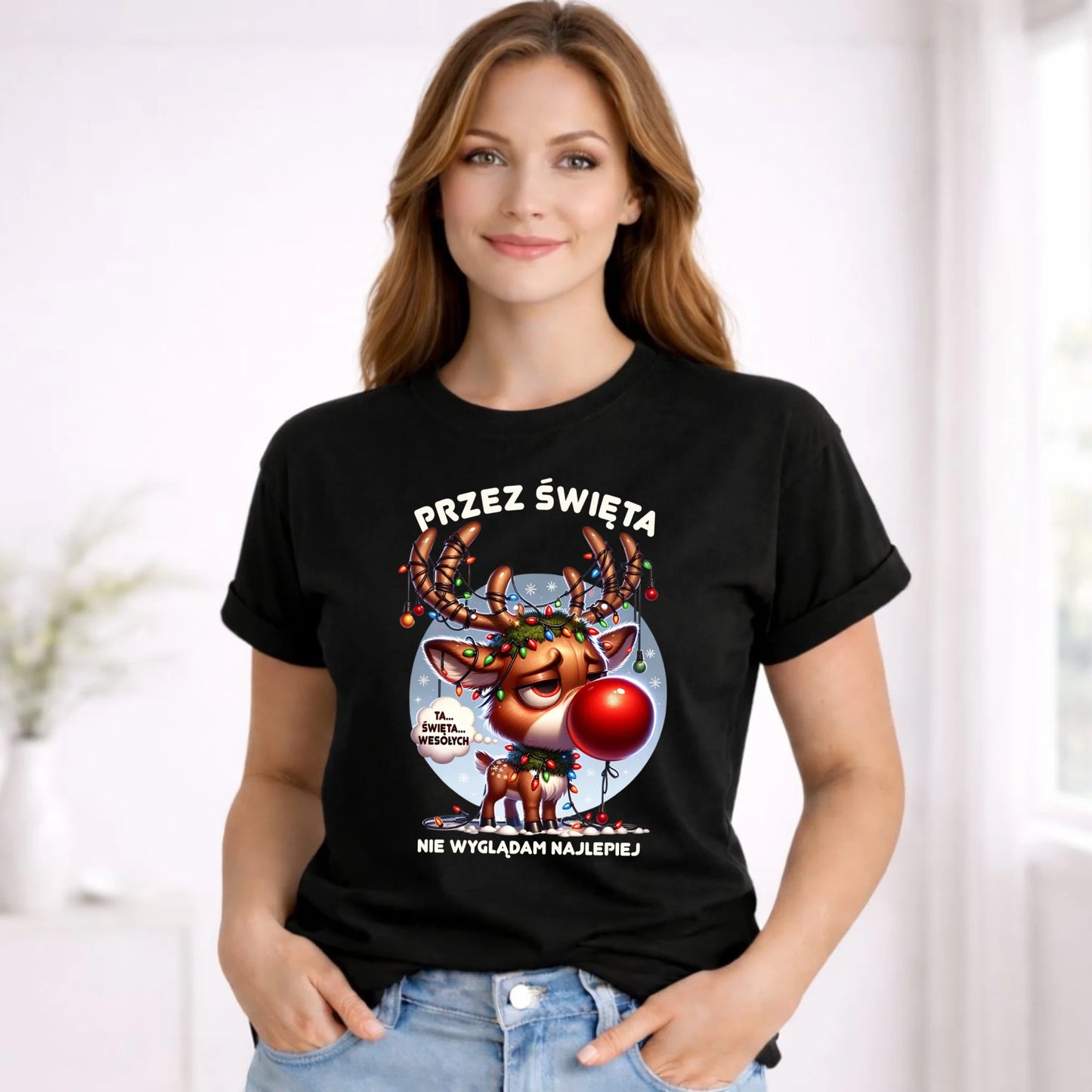 Koszulka damska świąteczna - Renifer Przez święta nie wyglądam najlepiej BN98 - StoryCups.pl