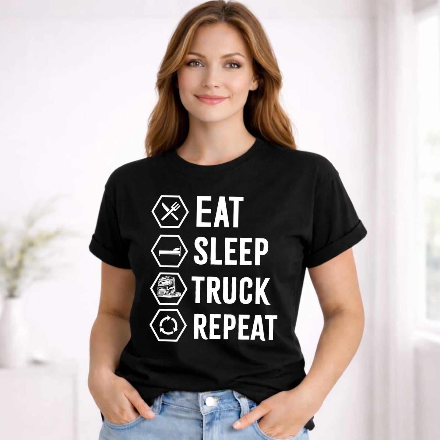 Koszulka damska dla kierowcy ciężarówki - Eat Sleep Truck Repeat ZKT05 - StoryCups.pl