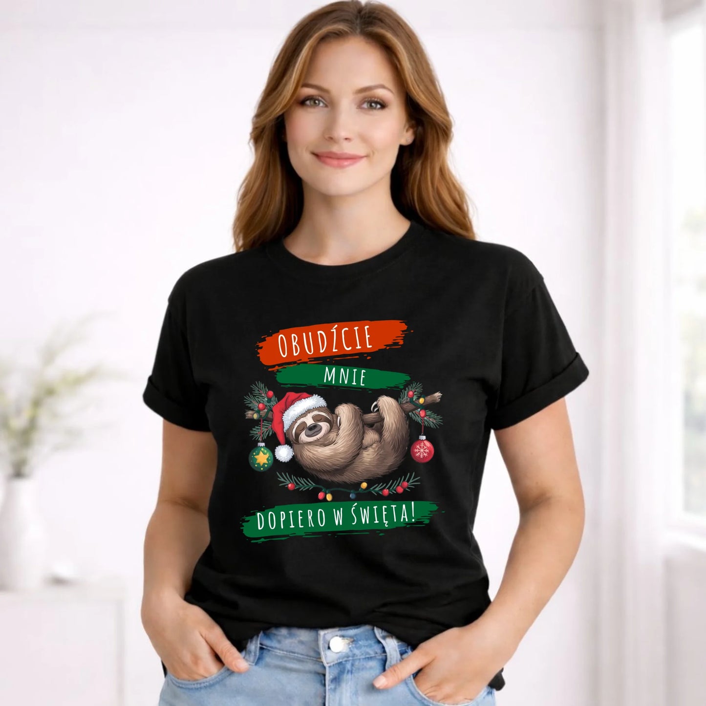Koszulka damska świąteczna - Leniwiec - Obudźcie mnie dopiero w święta BN02 - StoryCups.pl