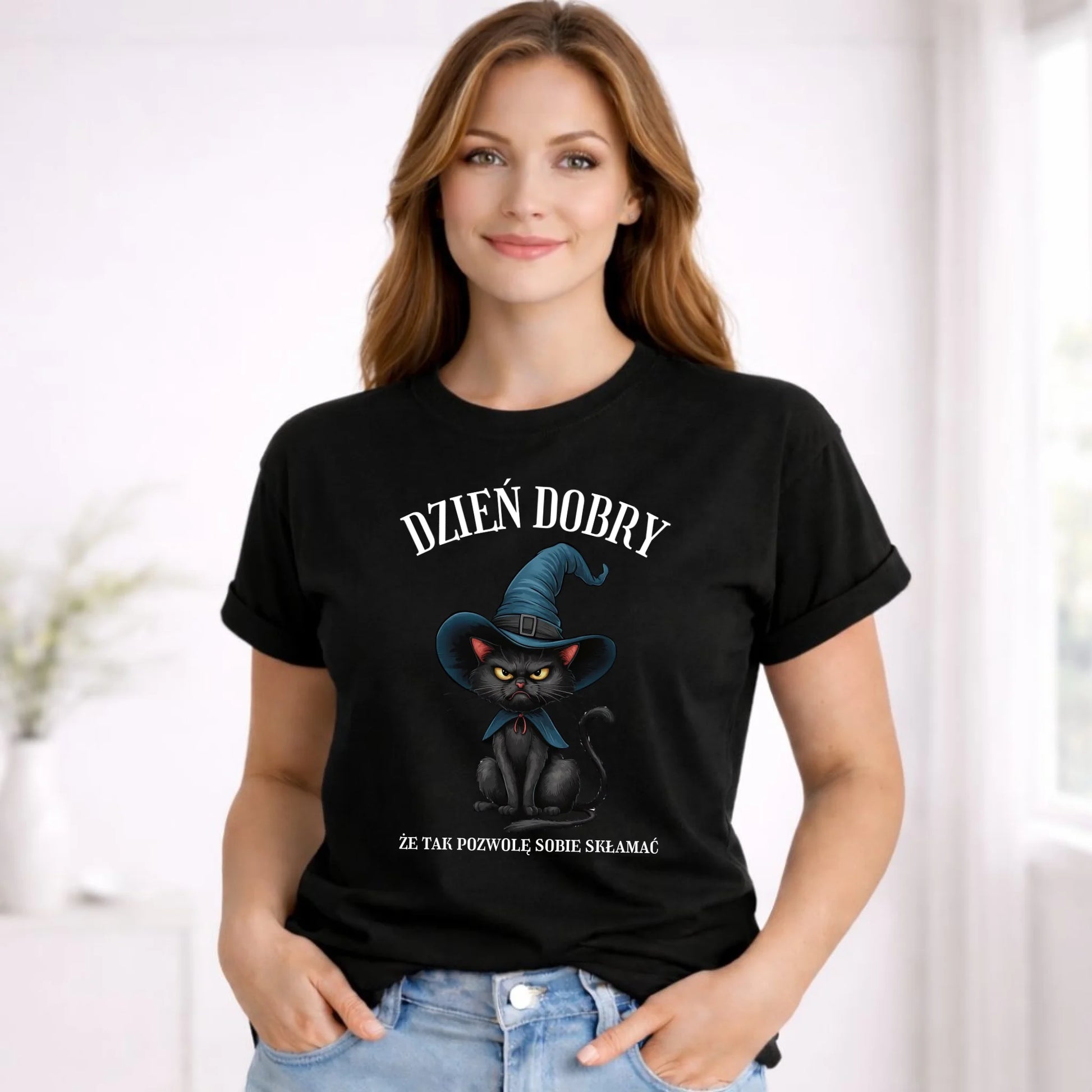 Koszulka damska na Halloween - Kot Czarownicy - Dzień dobry, że tak skłamię HL27 - StoryCups.pl