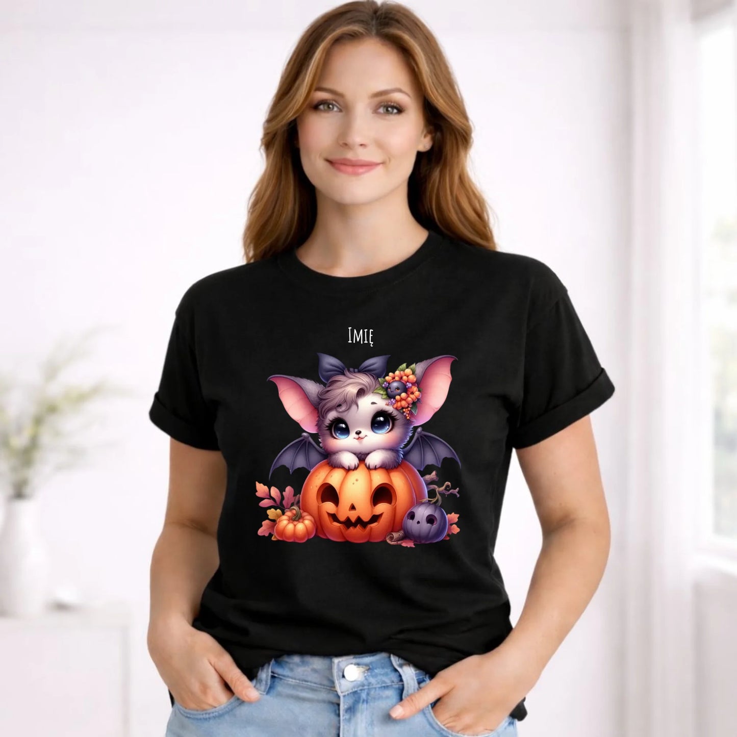 Koszulka damska halloweenowa - Uroczy nietoperz z dynią - personalizowana HL08 - StoryCups.pl