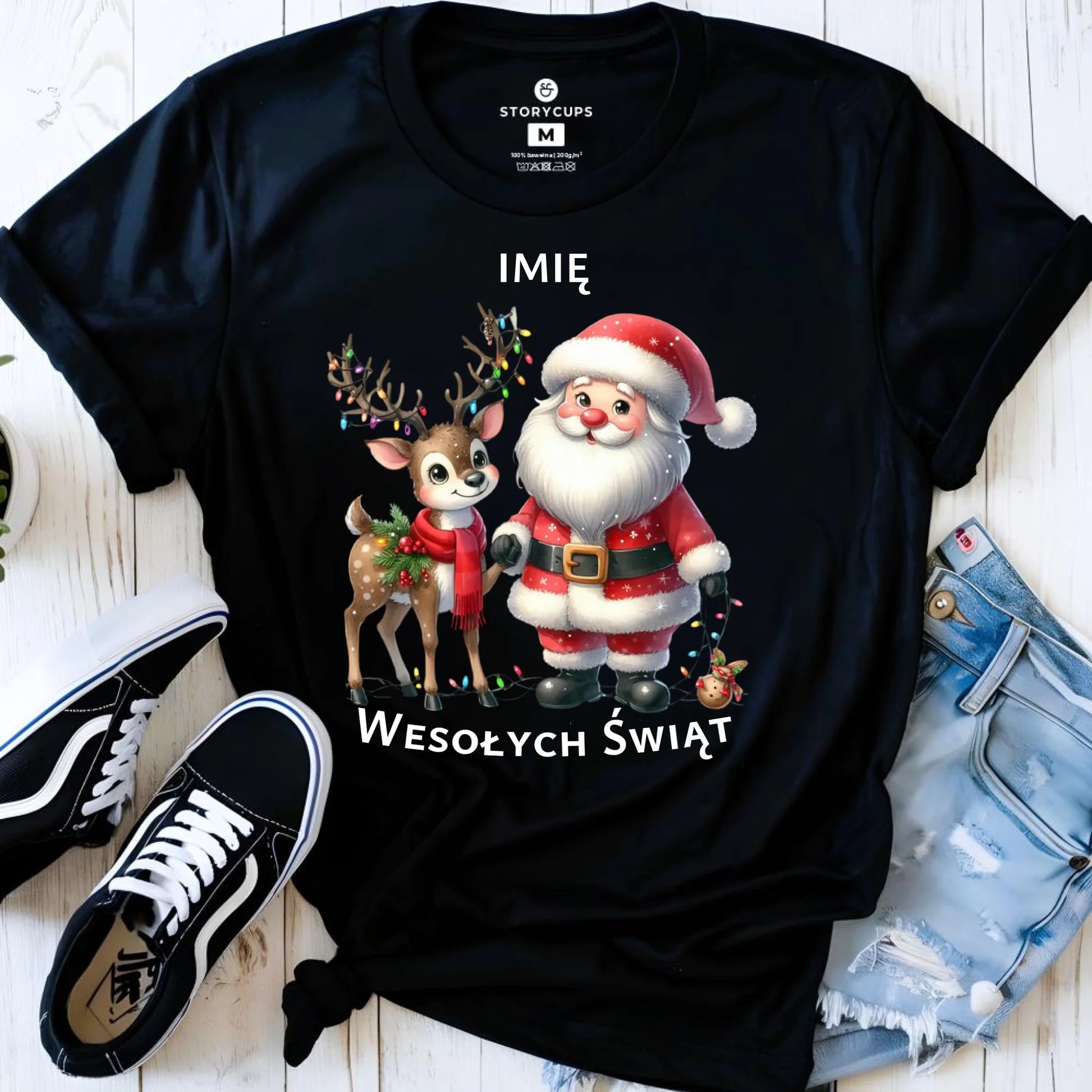 Koszulka damska świąteczna - Mikołaj z reniferem - personalizowana BN09 - StoryCups.pl