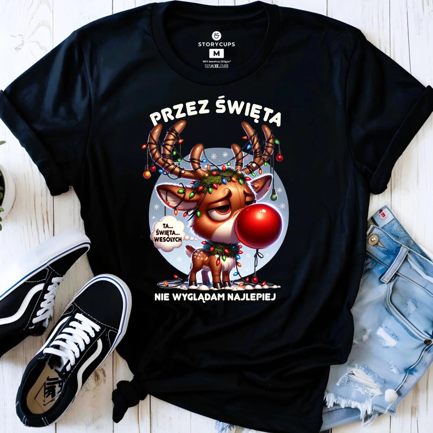 Koszulka damska świąteczna - Renifer Przez święta nie wyglądam najlepiej BN98 - StoryCups.pl