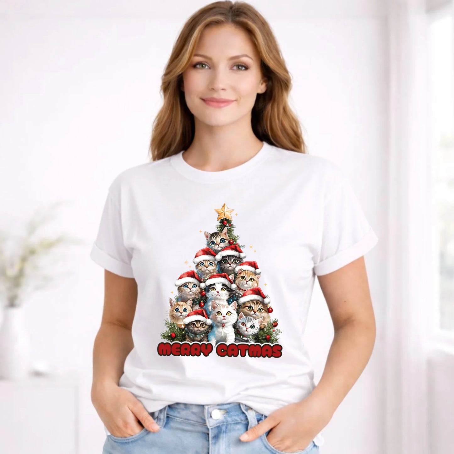 Koszulka damska świąteczna - Kocia choinka Merry Catmas BN20 - StoryCups.pl