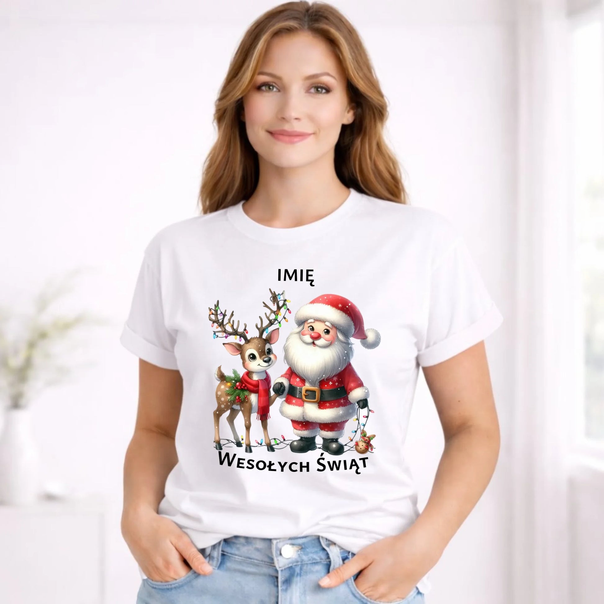 Koszulka damska świąteczna - Mikołaj z reniferem - personalizowana BN09 - StoryCups.pl