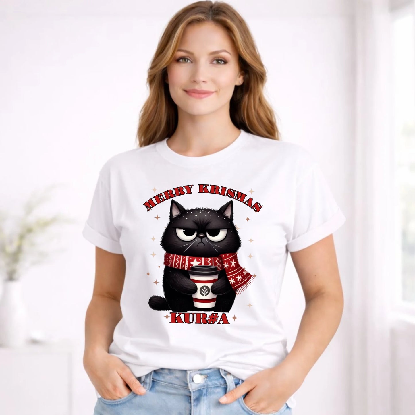 Koszulka damska świąteczna - Zburczany kot Merry Krismas kur#a - bez cenzury BN34 - StoryCups.pl