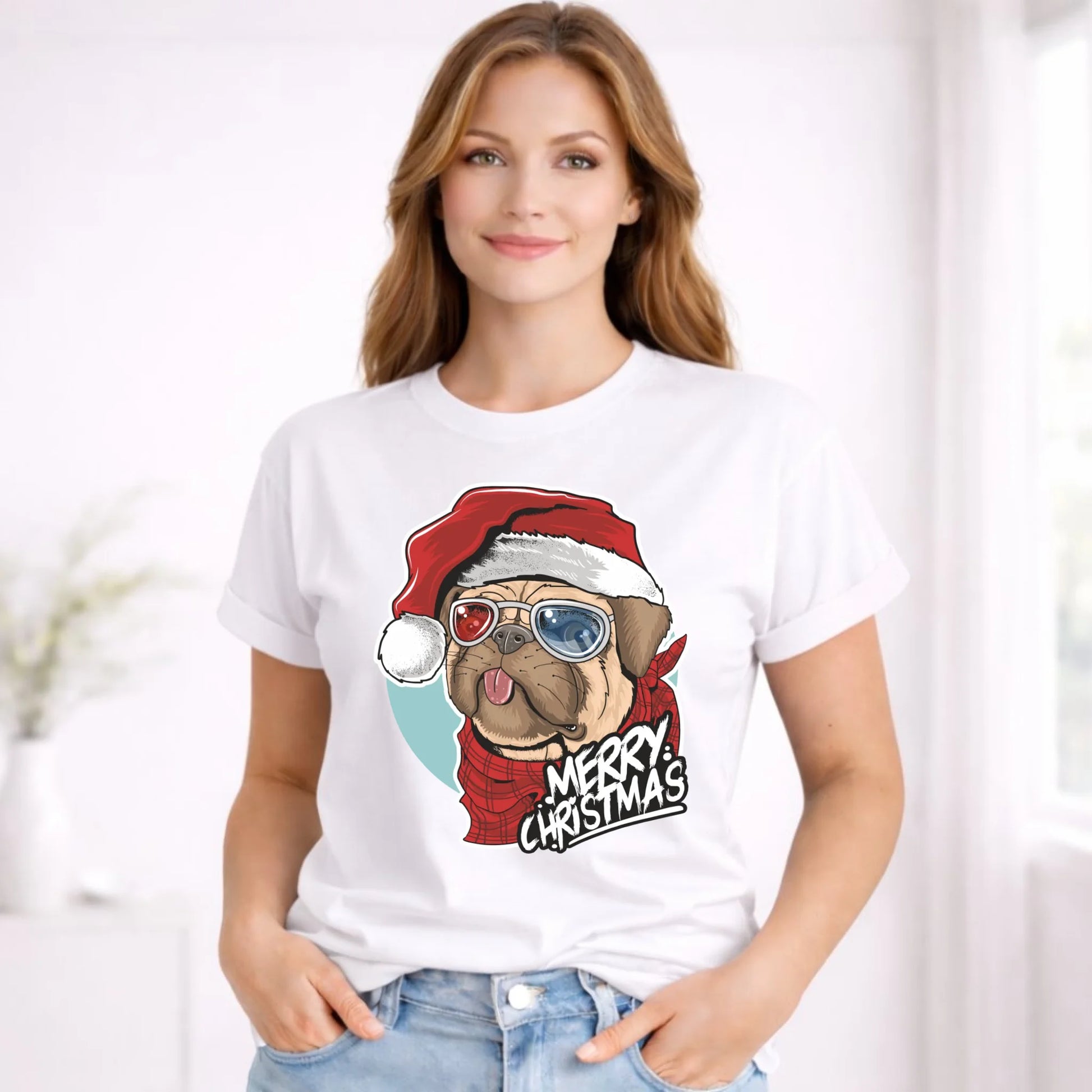 Koszulka damska świąteczna - Mops Merry Christmas BN62 - StoryCups.pl