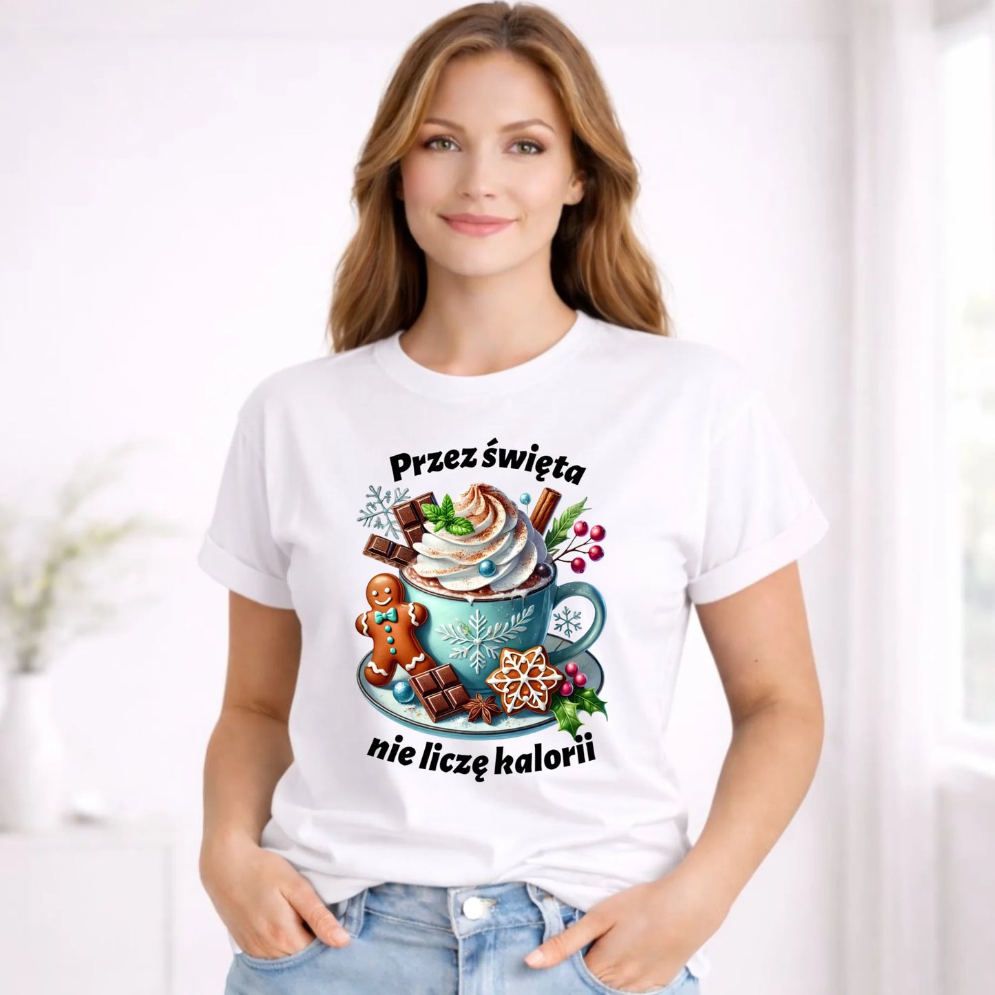 Koszulka damska świąteczna - Przez święta nie liczę kalorii BN31 - StoryCups.pl