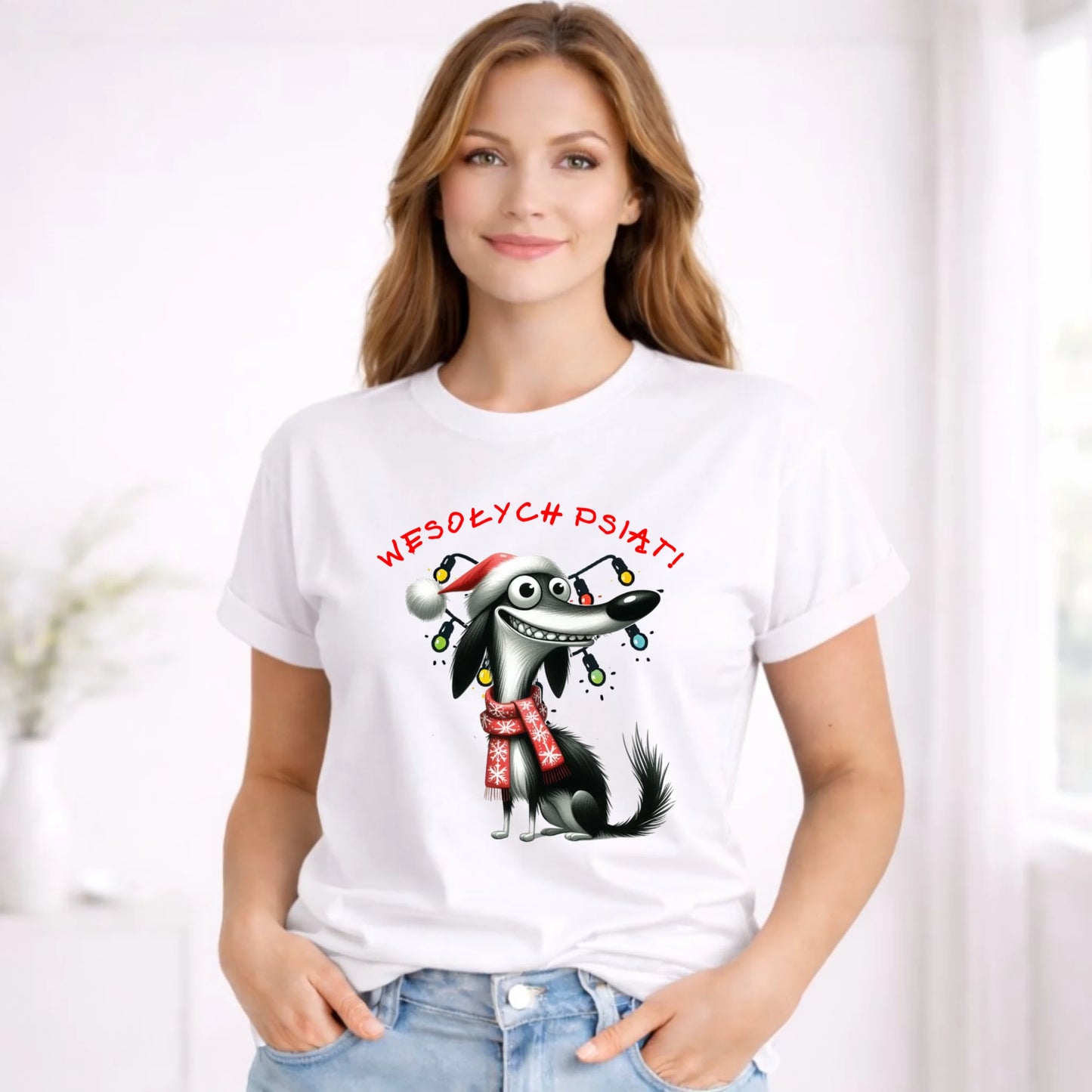 Koszulka damska świąteczna - Pies Wesołych psiąt BN140 - StoryCups.pl