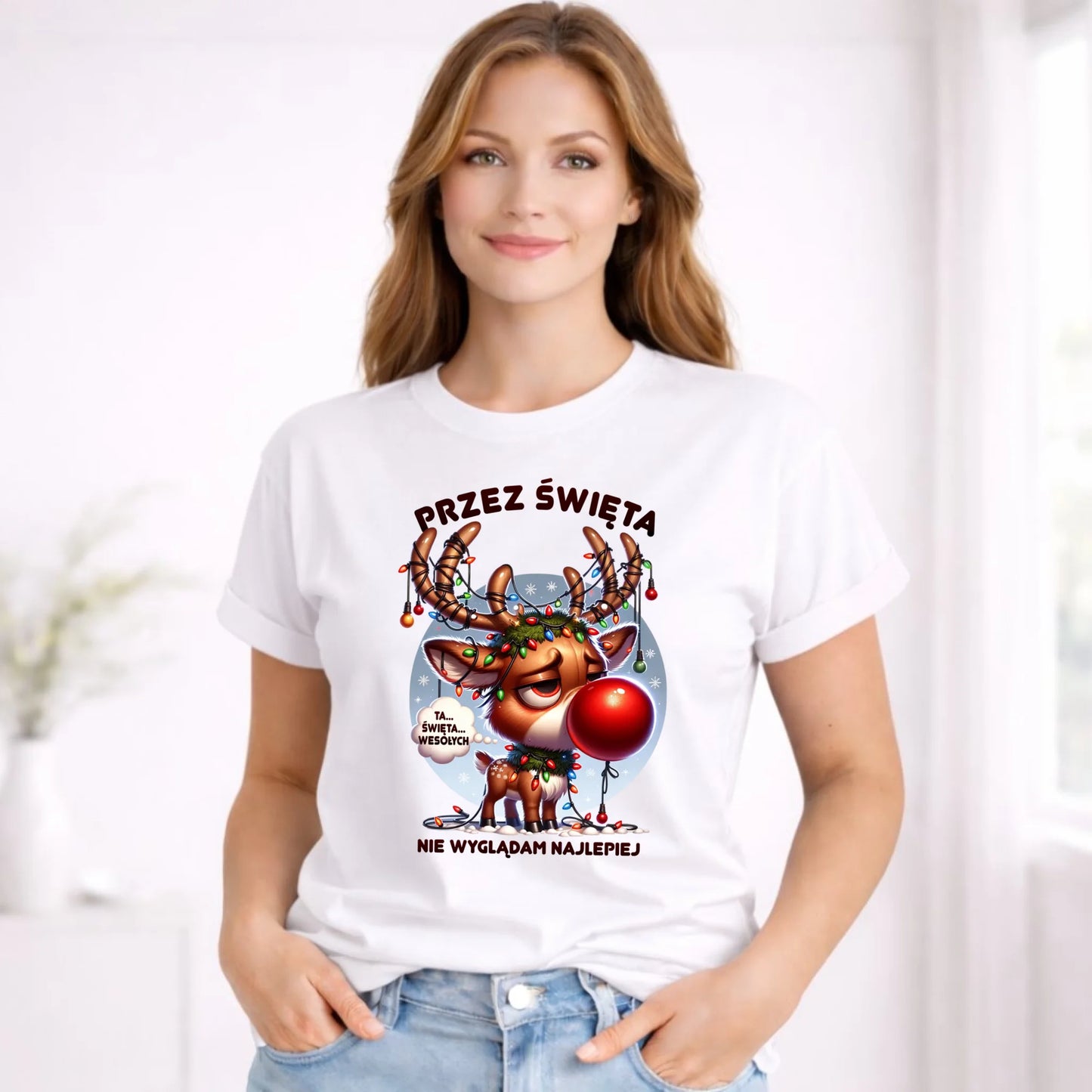Koszulka damska świąteczna - Renifer Przez święta nie wyglądam najlepiej BN98 - StoryCups.pl