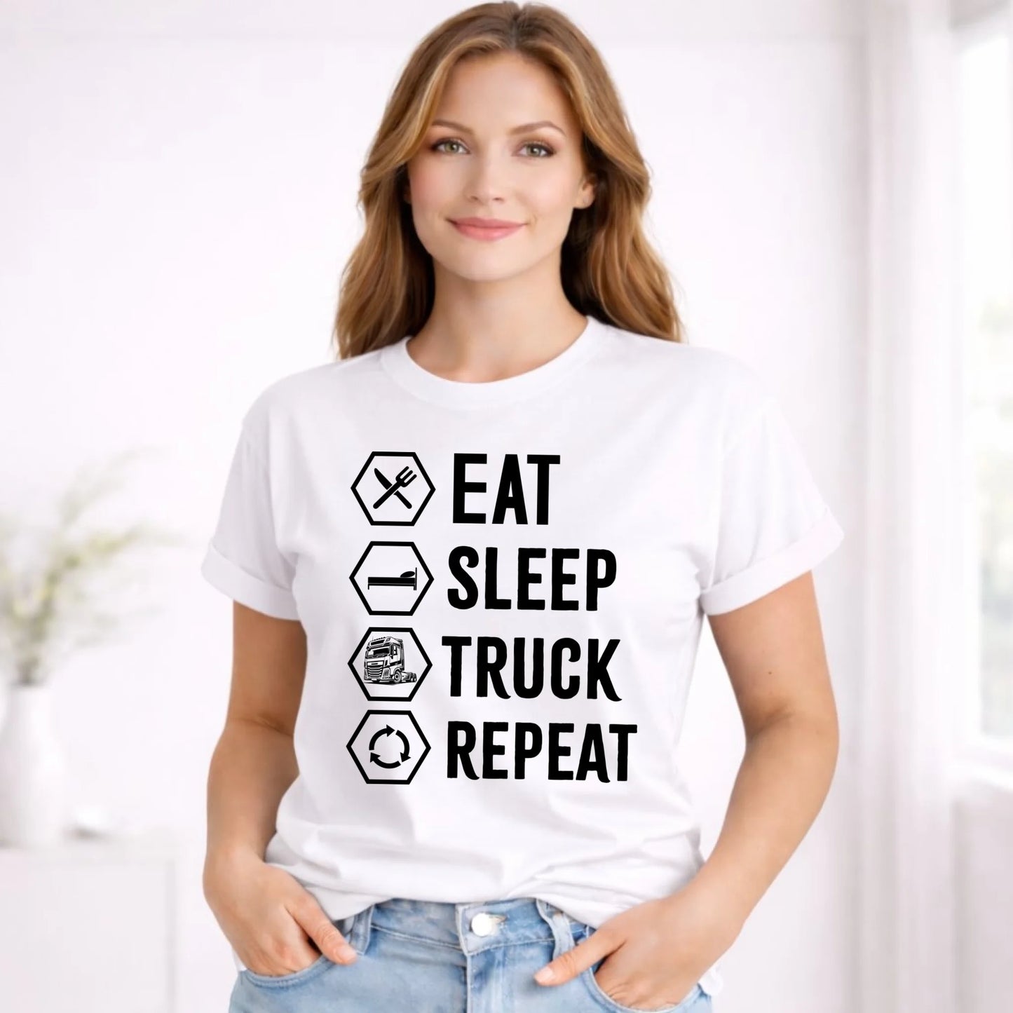 Koszulka damska dla kierowcy ciężarówki - Eat Sleep Truck Repeat ZKT05 - StoryCups.pl