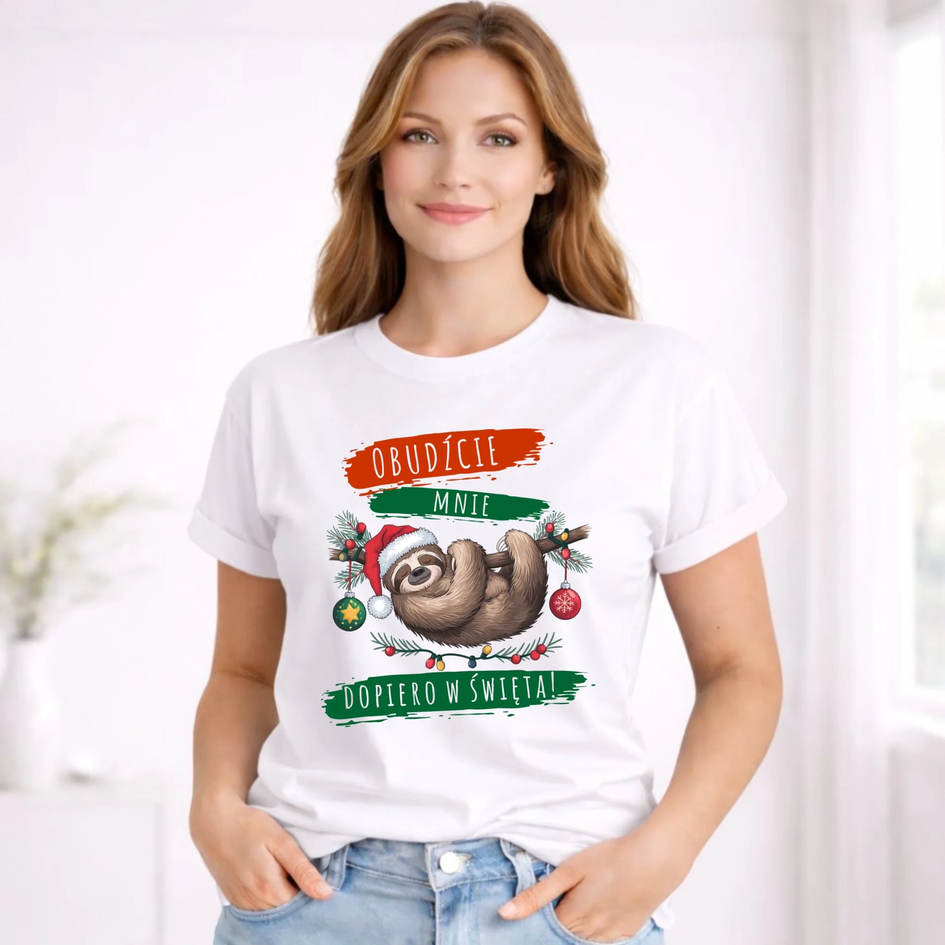 Koszulka damska świąteczna - Leniwiec - Obudźcie mnie dopiero w święta BN02 - StoryCups.pl