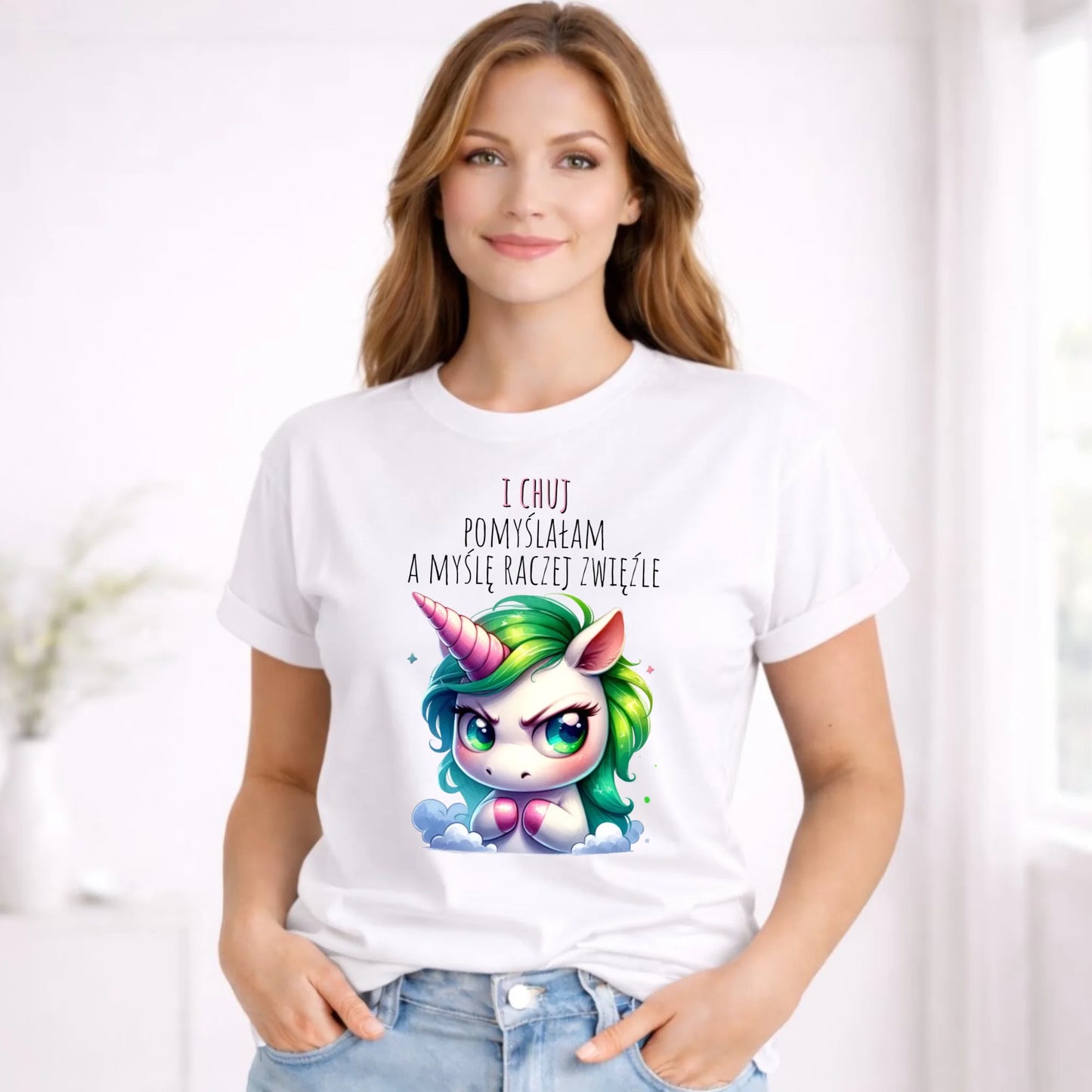 Koszulka damska z jednorożcem – I ch*j pomyślałam – bez cenzury DZ12 - StoryCups.pl