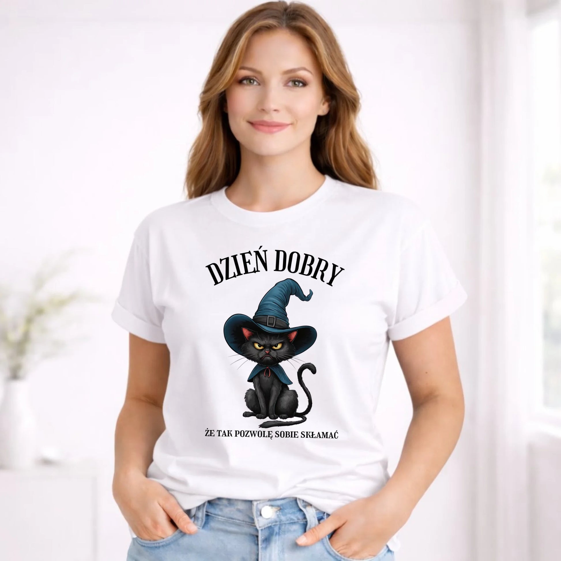 Koszulka damska na Halloween - Kot Czarownicy - Dzień dobry, że tak skłamię HL27 - StoryCups.pl
